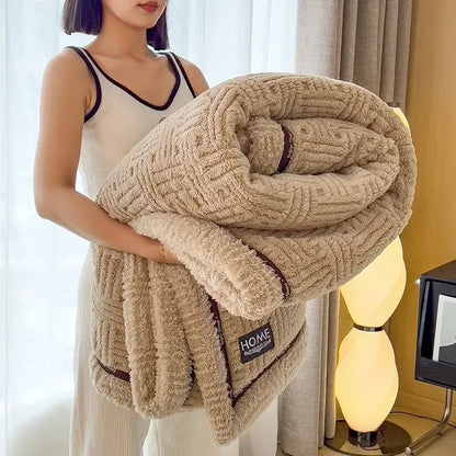 Beige textured fluffy fleece blanket bedroom cozy throw with trim
