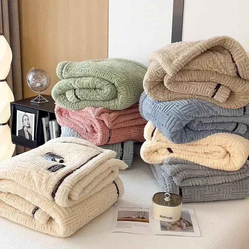 Beige textured fluffy fleece blanket bedroom cozy throw with trim