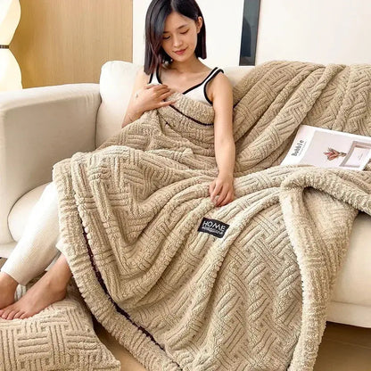 Beige textured fluffy fleece blanket bedroom cozy throw with trim
