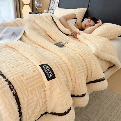 Beige textured fluffy fleece blanket bedroom cozy throw with trim
