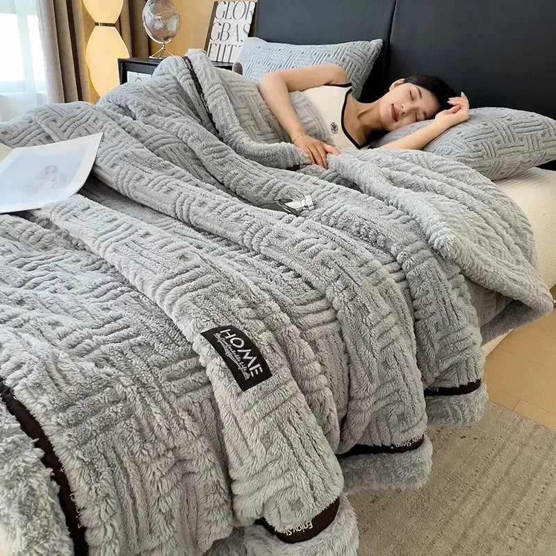 Beige textured fluffy fleece blanket bedroom cozy throw with trim