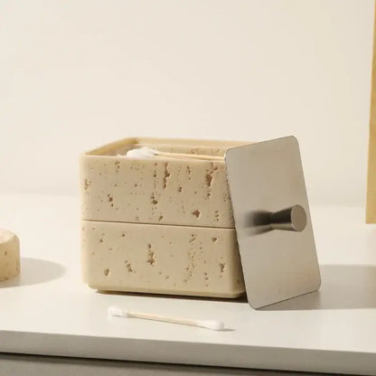 Beige textured natural stone double decker jewelry organizer bathroom