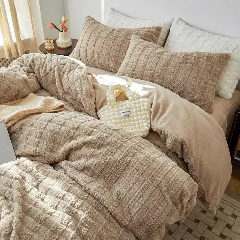 Beige textured quilted rabbit velvet bedding set – bedroom comfort