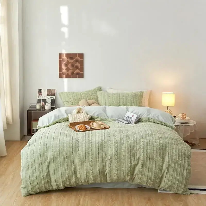 Beige textured quilted rabbit velvet bedding set – bedroom comfort