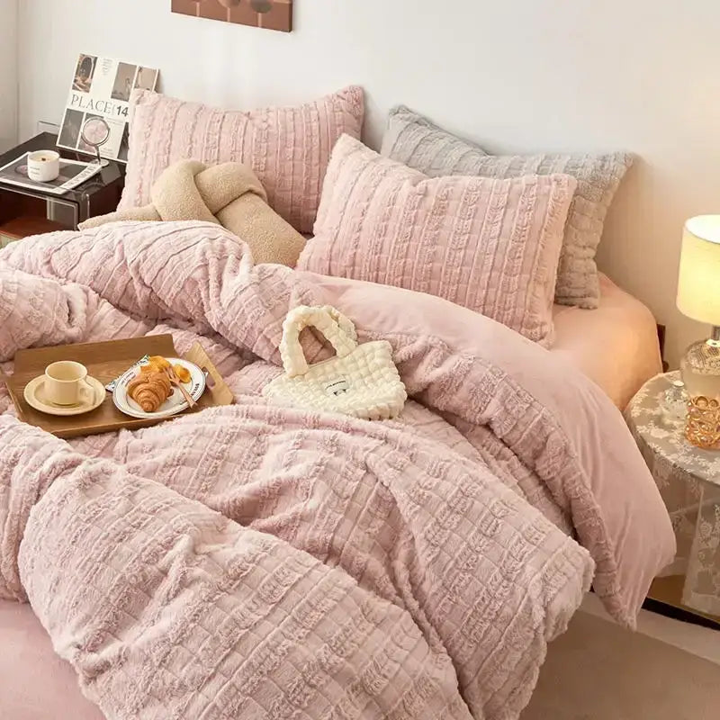 Beige textured quilted rabbit velvet bedding set – bedroom comfort