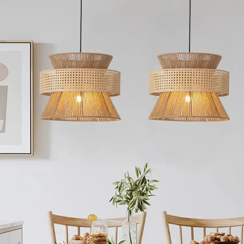 Beige tiered handmade hemp rope pendant light dining room