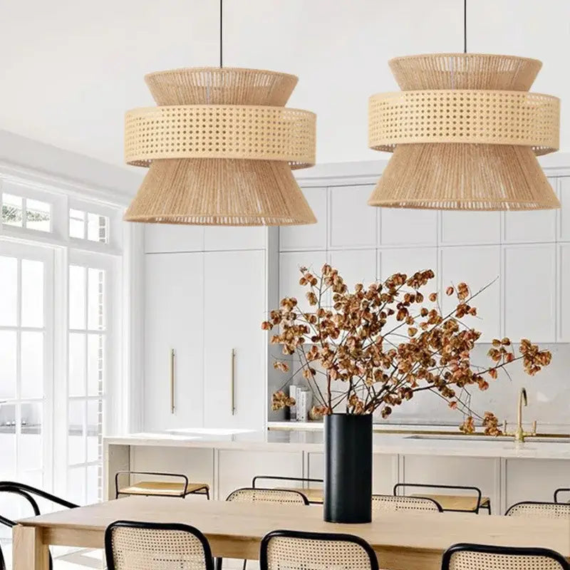Beige tiered handmade hemp rope pendant light dining room