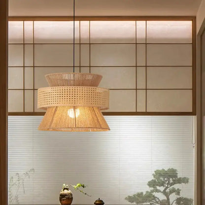 Beige tiered handmade hemp rope pendant light dining room