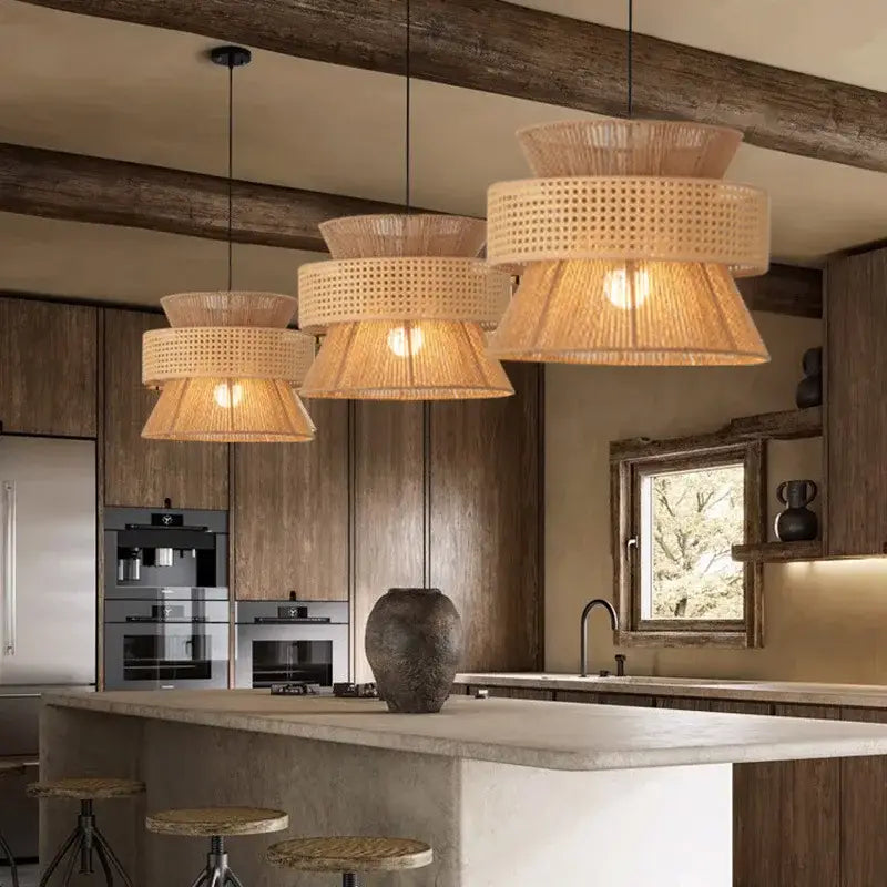 Beige tiered handmade hemp rope pendant light dining room