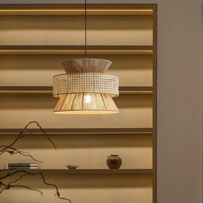 Beige tiered handmade hemp rope pendant light dining room
