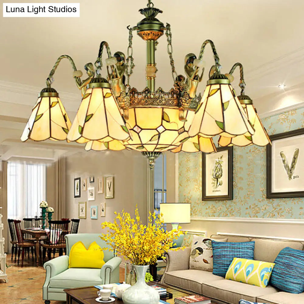 DecorBites™ Beige Tiffany Cut Glass Pendant Chandelier - 9/11 Lights, Conical Hanging Light with Mermaid Deco