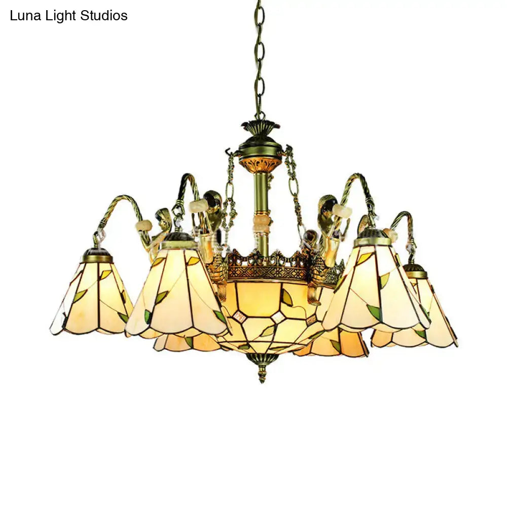 Antique brass tiffany cut glass leaf chandelier dining room light