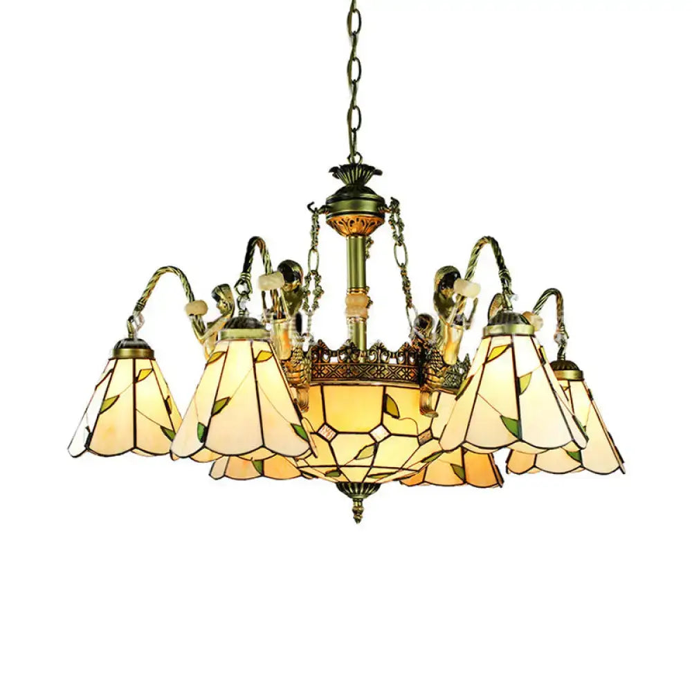 Antique brass tiffany cut glass leaf chandelier dining room light