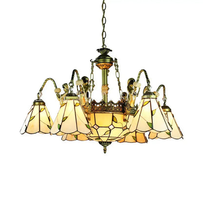 Antique brass tiffany cut glass leaf chandelier dining room light