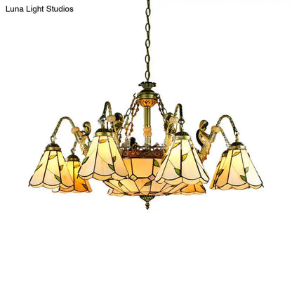 Antique brass tiffany cut glass leaf chandelier dining room light