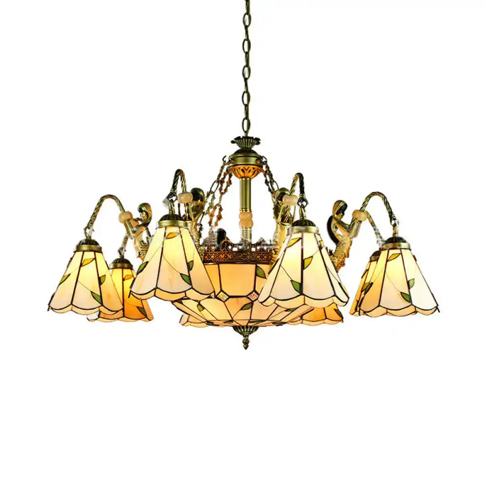 Antique brass tiffany cut glass leaf chandelier dining room light