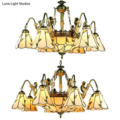 Antique brass tiffany cut glass leaf chandelier dining room light