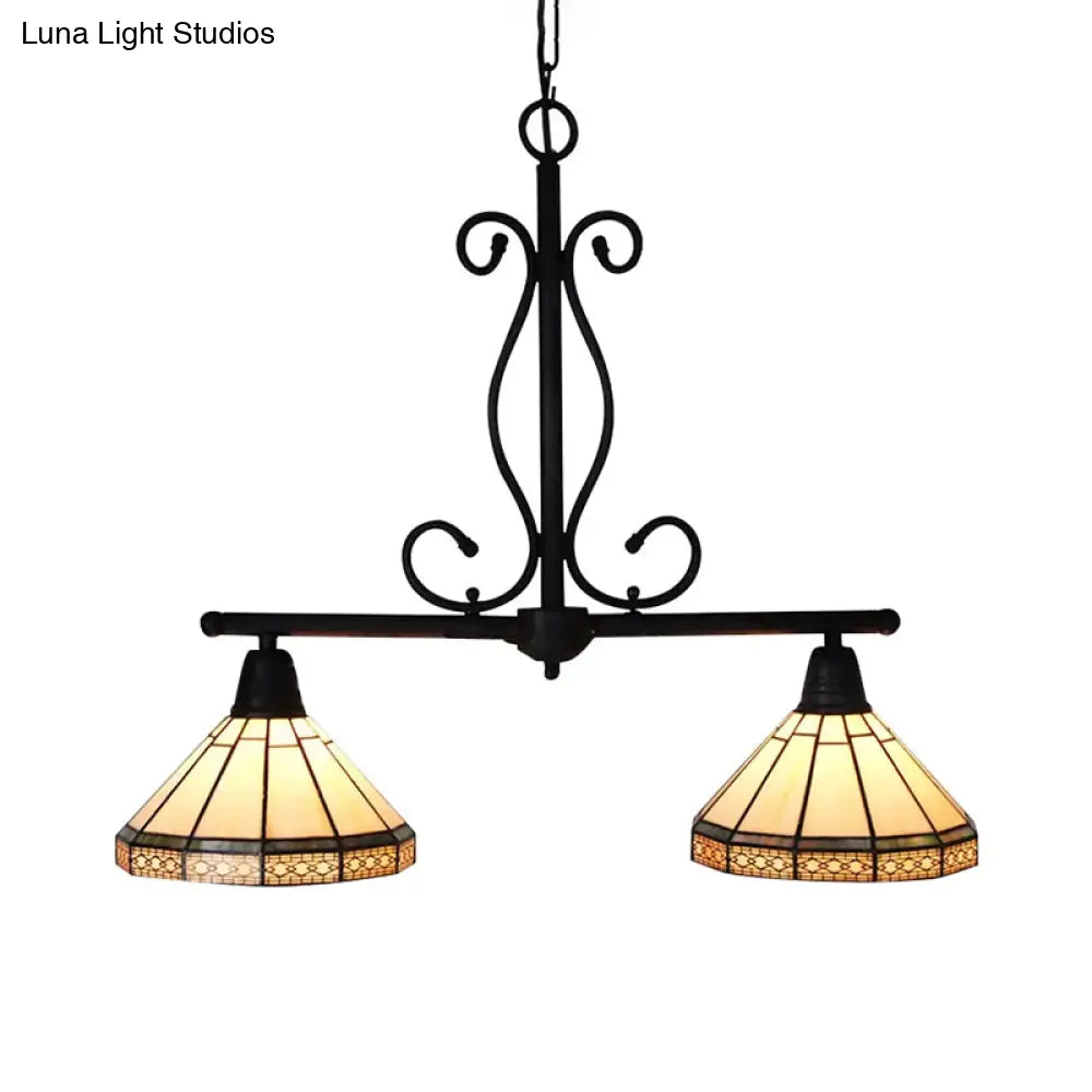 DecorBites™ Beige Tiffany Style Island Pendant Light with Stainless Glass Cone Shade - Elegant 2-Headed Hanging Ceiling Light