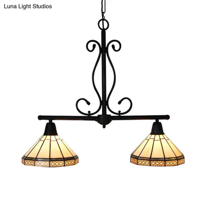 DecorBites™ Beige Tiffany Style Island Pendant Light with Stainless Glass Cone Shade - Elegant 2-Headed Hanging Ceiling Light
