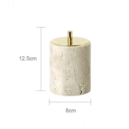 Beige travertine marble bathroom accessories set with tray
