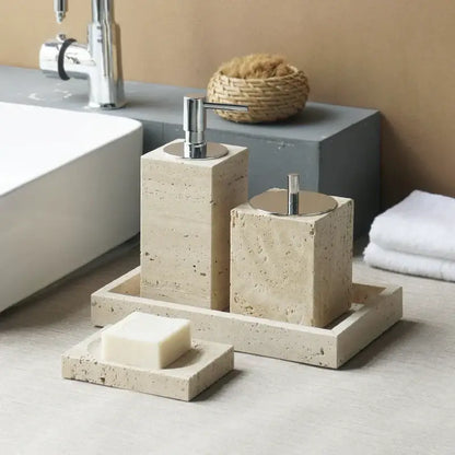 Beige travertine marble bathroom accessories set with tray
