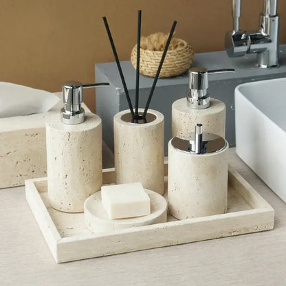 Beige travertine marble bathroom accessories set with tray