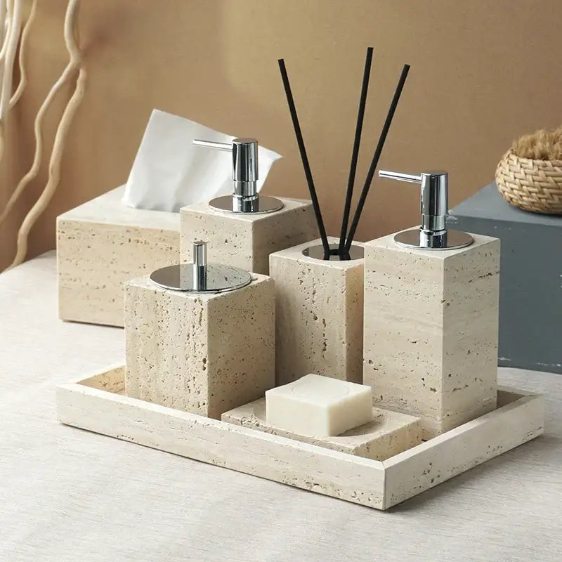 Beige travertine marble bathroom accessories set with tray