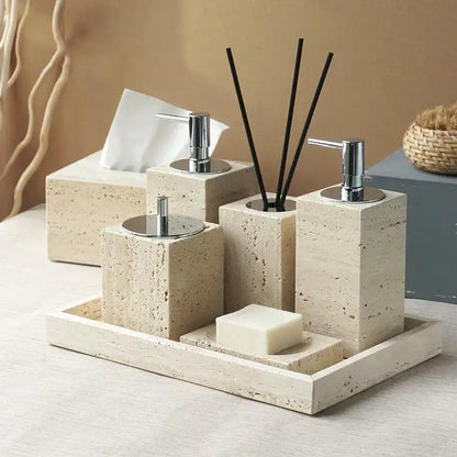 Beige travertine marble bathroom accessories set with tray