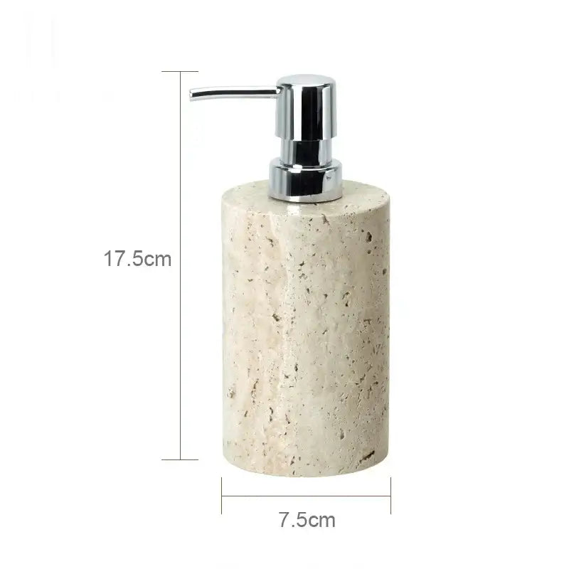 Beige travertine marble bathroom accessories set with tray
