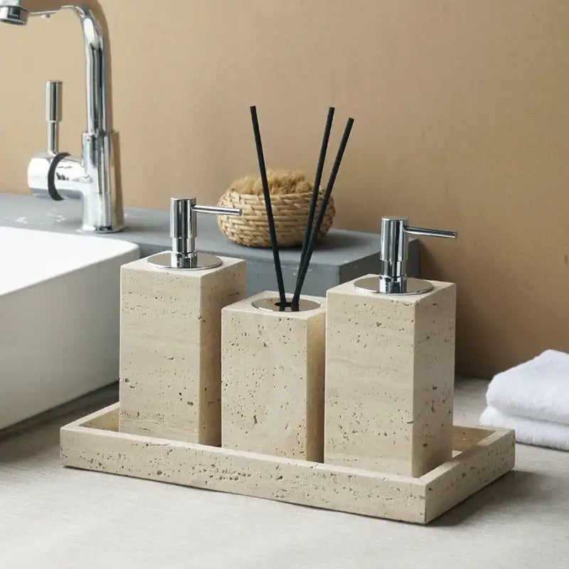 Beige travertine marble bathroom accessories set with tray