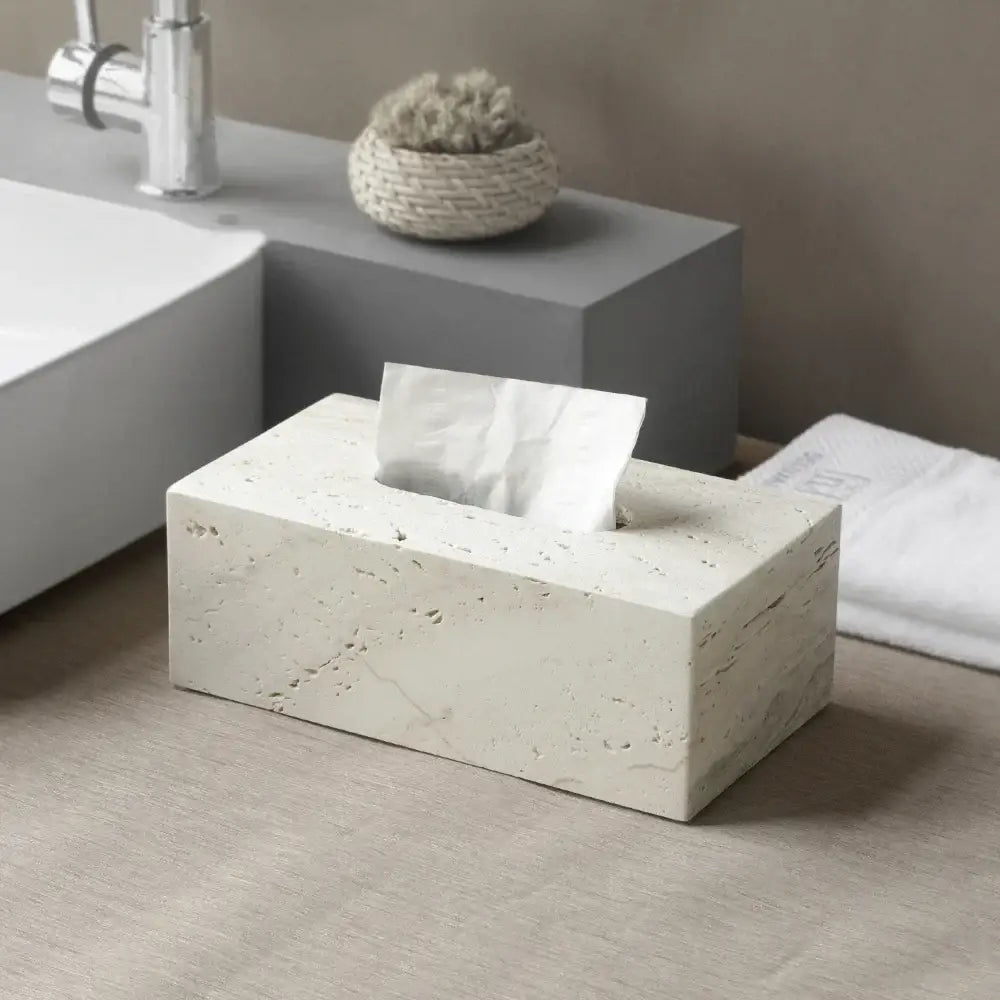 Beige travertine marble bathroom set with chrome pump dispensers