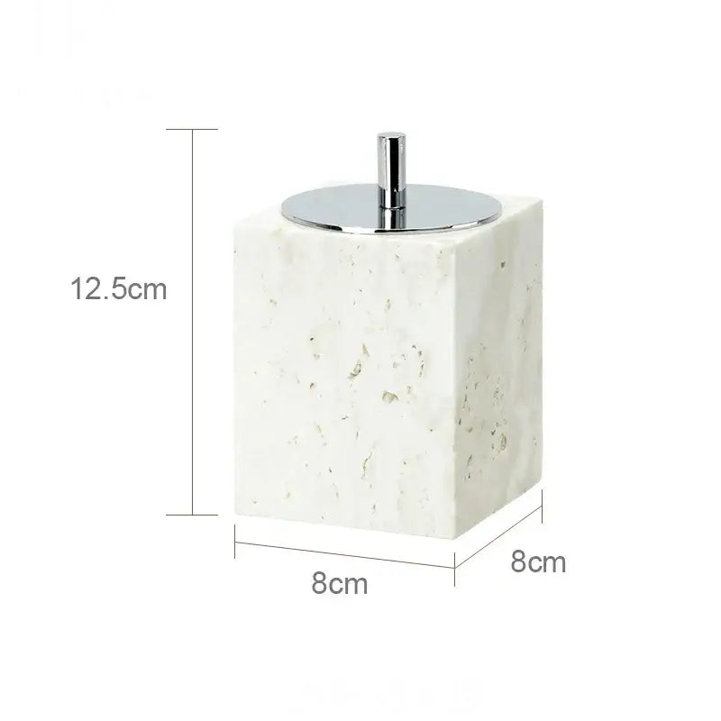 Beige travertine marble bathroom set with chrome pump dispensers