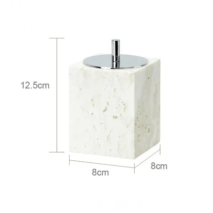Beige travertine marble bathroom set with chrome pump dispensers