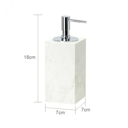 Beige travertine marble bathroom set with chrome pump dispensers
