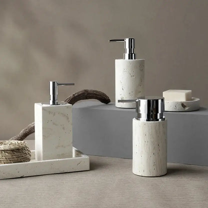 Beige travertine marble bathroom set with chrome pump dispensers