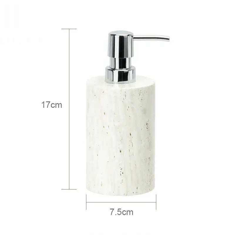 Beige travertine marble bathroom set with chrome pump dispensers