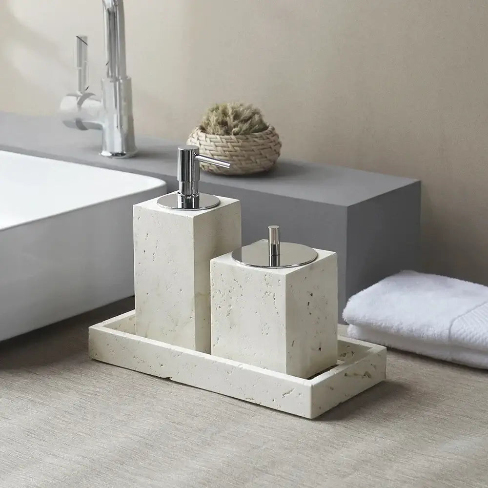Beige travertine marble bathroom set with chrome pump dispensers