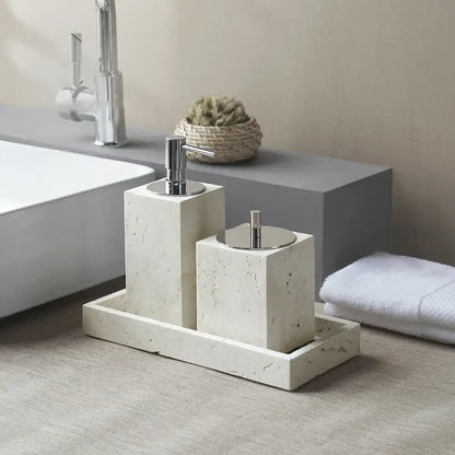 Beige travertine marble bathroom set with chrome pump dispensers