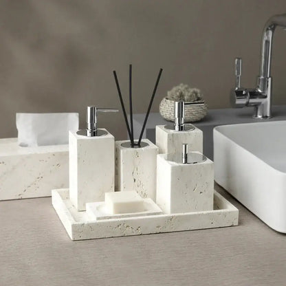 Beige travertine marble bathroom set with chrome pump dispensers