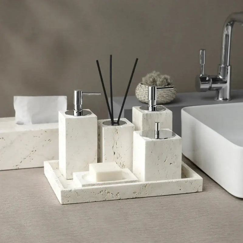 Beige travertine marble bathroom set with chrome pump dispensers