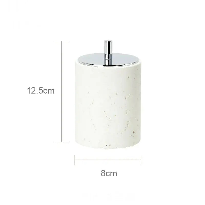 Beige travertine marble bathroom set with chrome pump dispensers