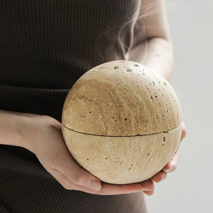 Beige travertine marble sphere incense burner living room decor
