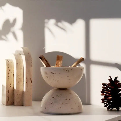Beige travertine marble sphere incense burner living room decor