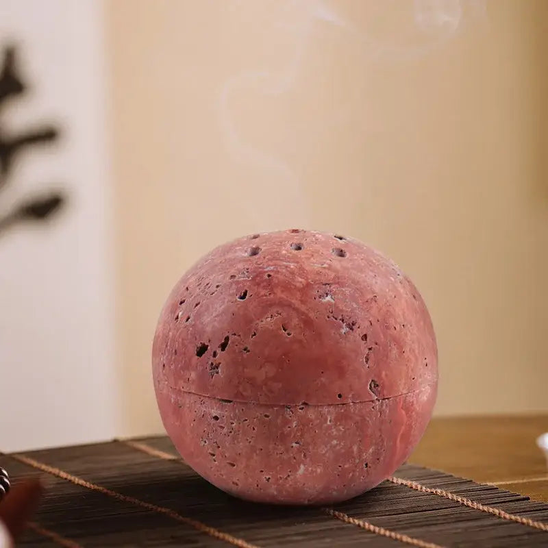 Beige travertine marble sphere incense burner living room decor