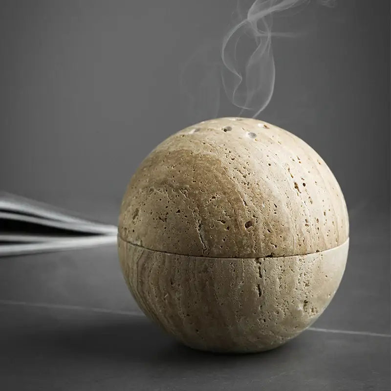 Beige travertine marble sphere incense burner living room decor