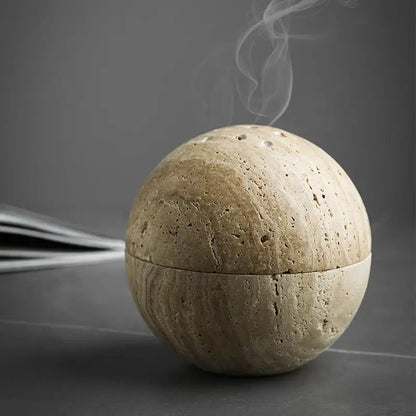 Beige travertine marble sphere incense burner living room decor