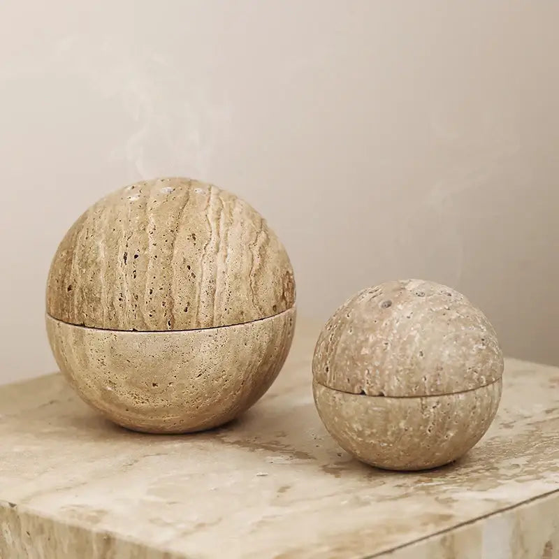 Beige travertine marble sphere incense burner living room decor