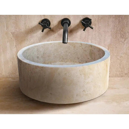 Round Beige Travertine Vessel Bathroom Sink 16 Inch Honed Finish Natural Stone