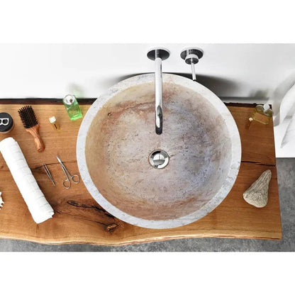 Beige Round Travertine Stone Vessel Sink Polished For Bathroom Vanity