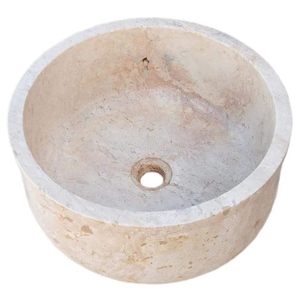 Beige Round Travertine Stone Vessel Sink Polished For Bathroom Vanity